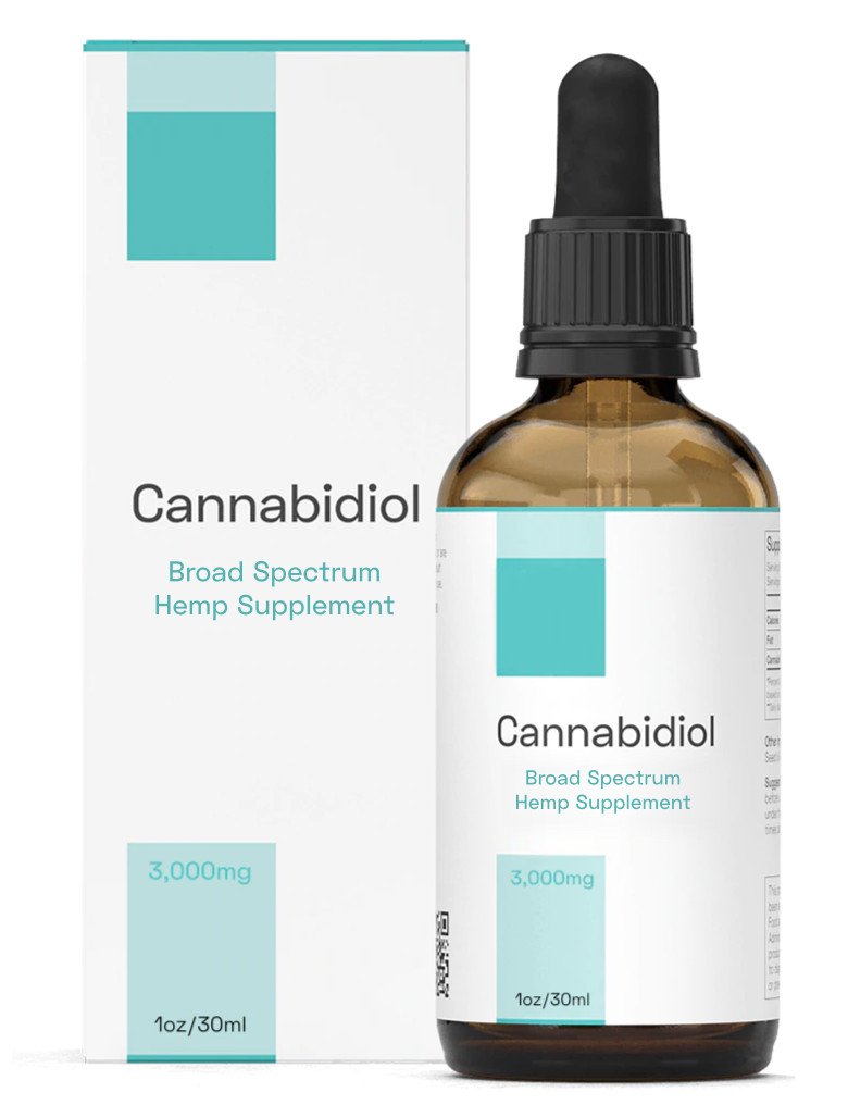 Broad Spectrum CBD Oil with an aqua and white label placed on a marble benchtop