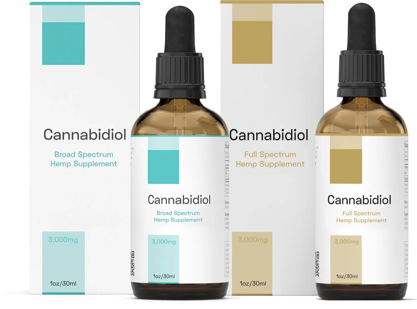 Broad Spectrum CBD Oil and Full Spectrum CBD Oil on a white bench top with aqua and gold with labels and outer boxes.